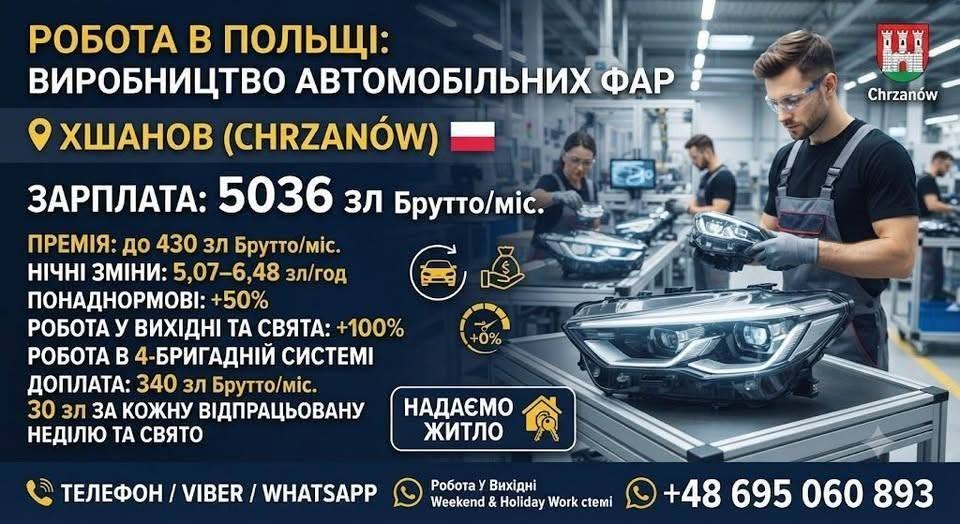 Робота на виробництві автомобільних фар м. Хшанув (Chrzanów)