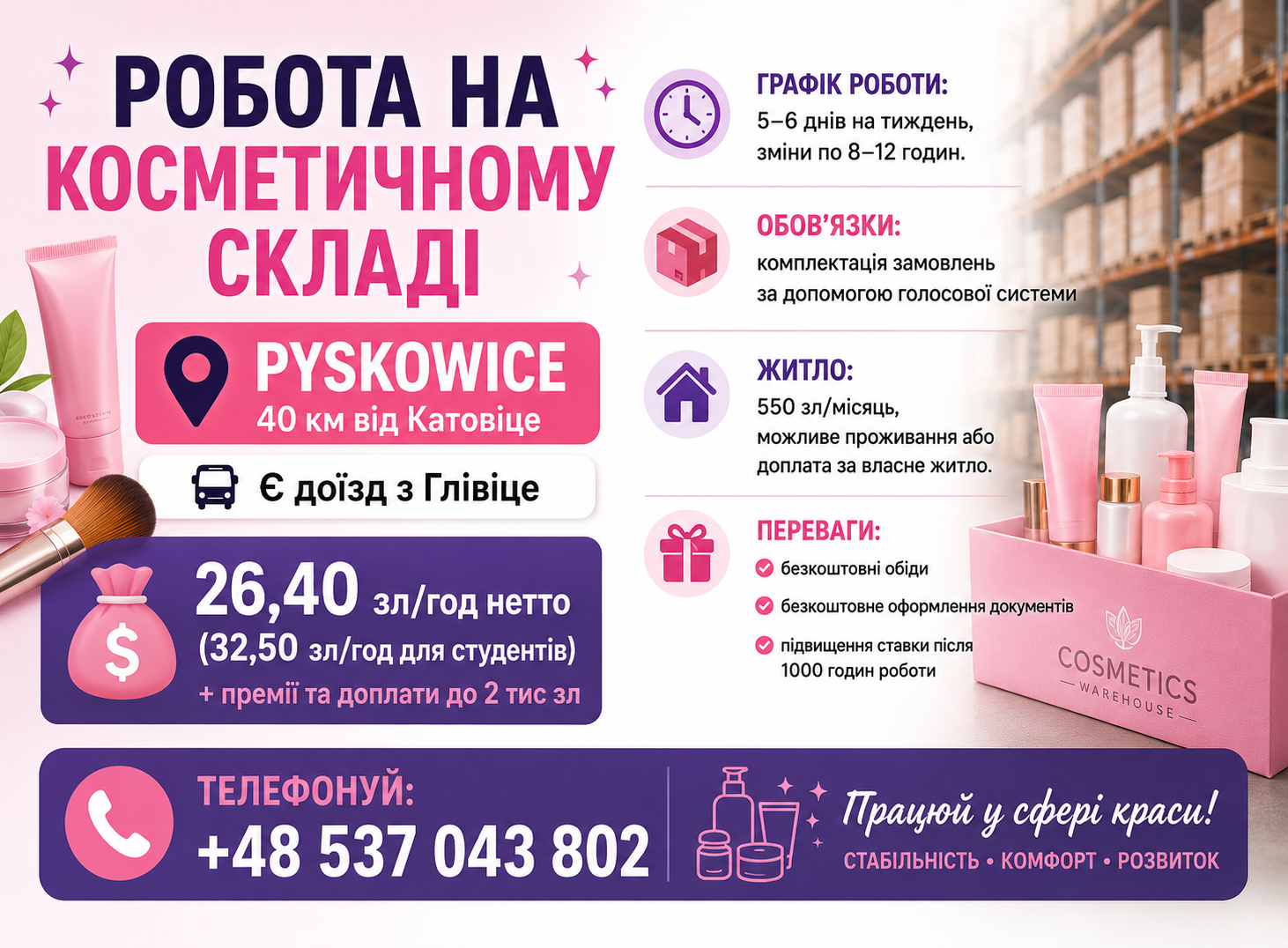 Працівник на косметичний склад Pyskowice 40 км від Катовіце